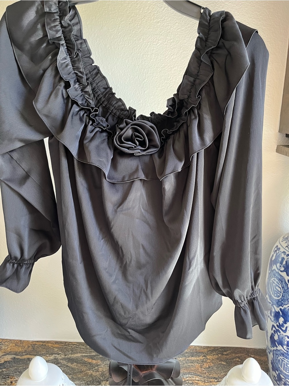 Wayf Black Ruffled Neck Blouse with Rosette Detail, Large